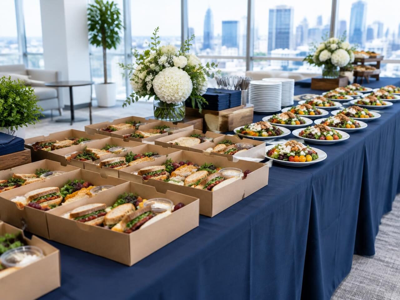 Corporate luncheon with boxed lunches and plated salads on navy linens