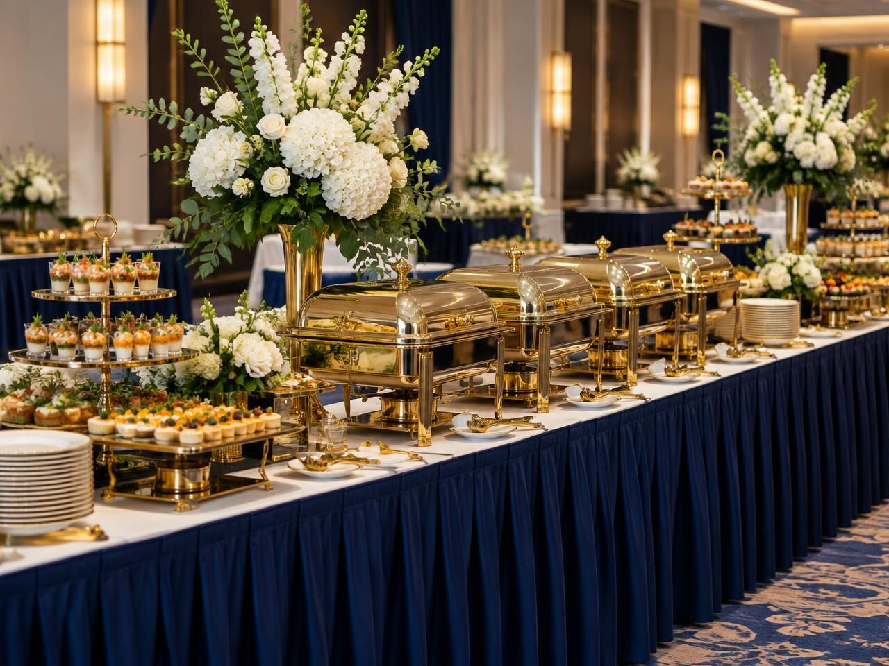 Buffet with gold chafing dishes and white florals on navy skirting