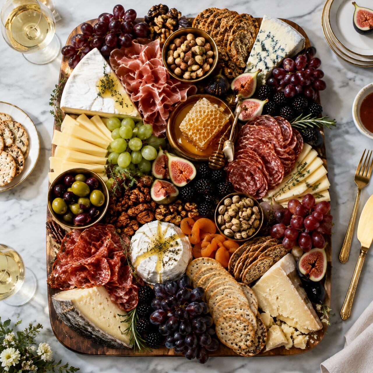 Grazing board with cheeses, cured meats, figs and honeycomb
