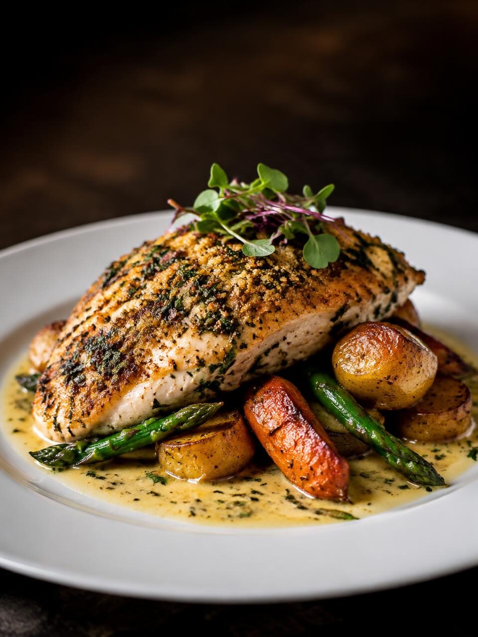 Herb-crusted chicken with roasted vegetables on white china