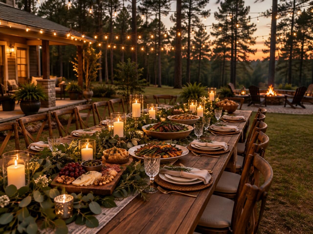 Outdoor family-style dinner under string lights and pine trees