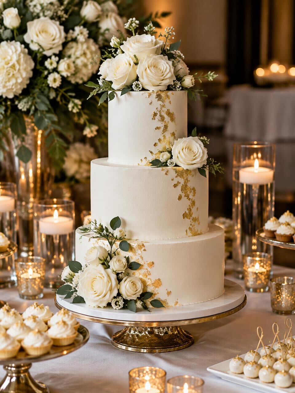 Three-tier white wedding cake with roses and gold leaf