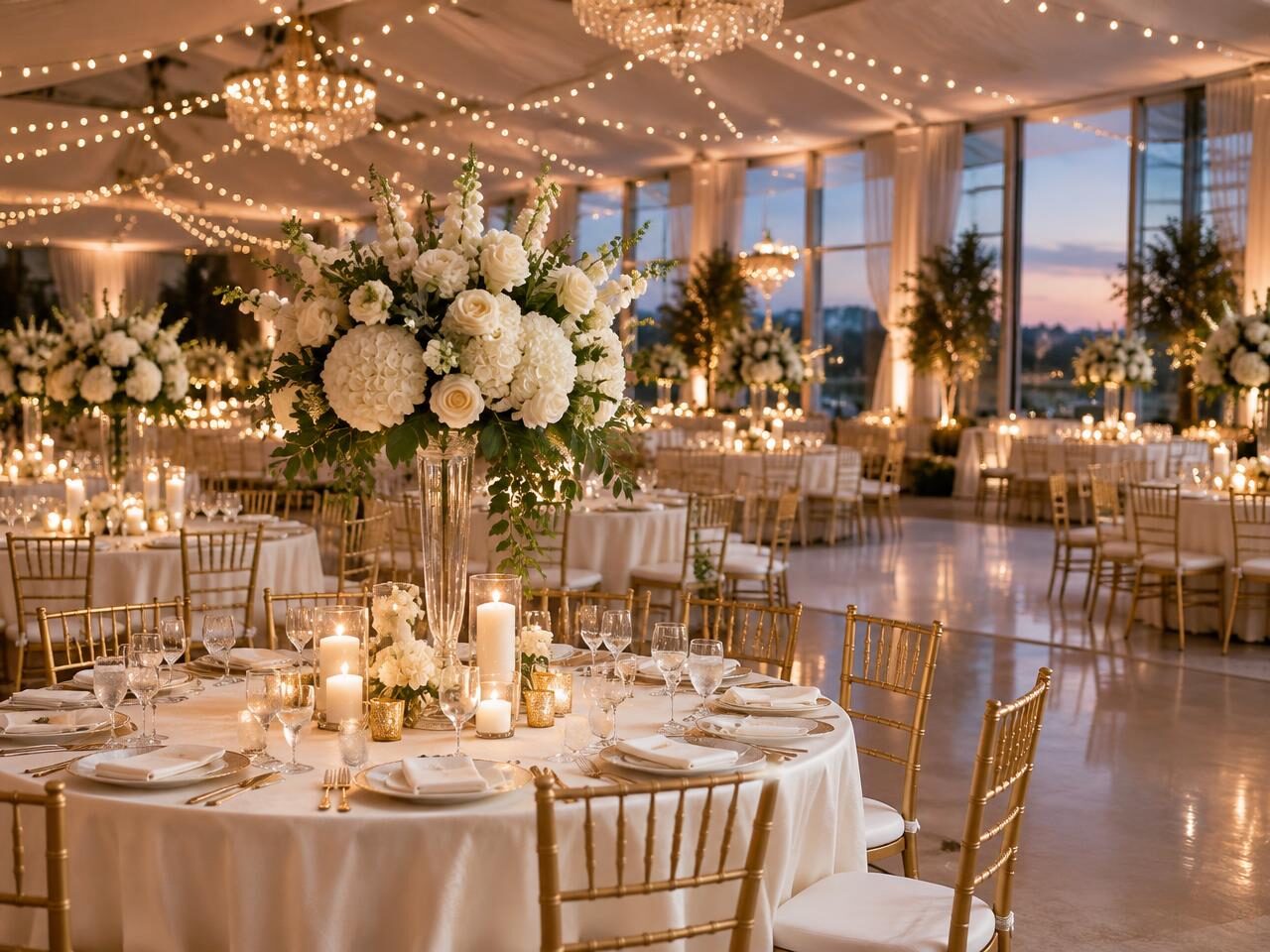 Wedding reception with ivory linens, gold chairs and white floral centerpieces