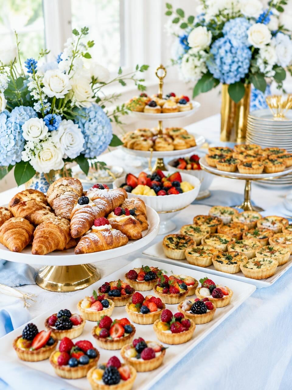 Brunch spread with pastries, fruit tarts and blue hydrangeas
