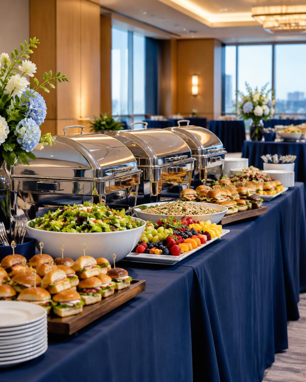Corporate catering buffet with chafing dishes, salads and sandwiches on navy linens