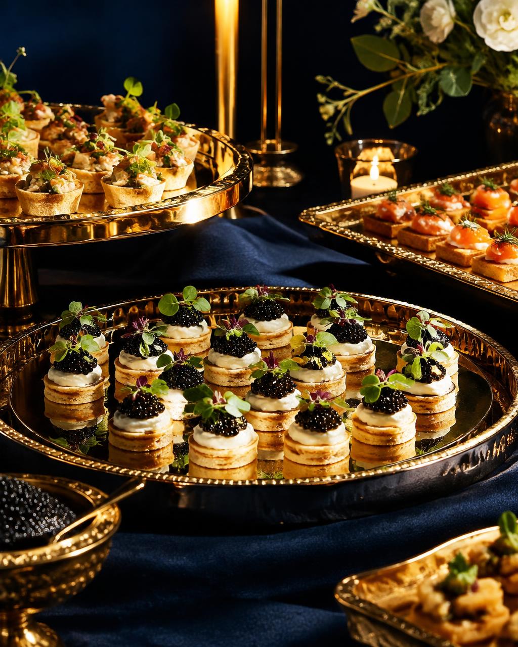 Canapés with caviar and microgreens on gold trays