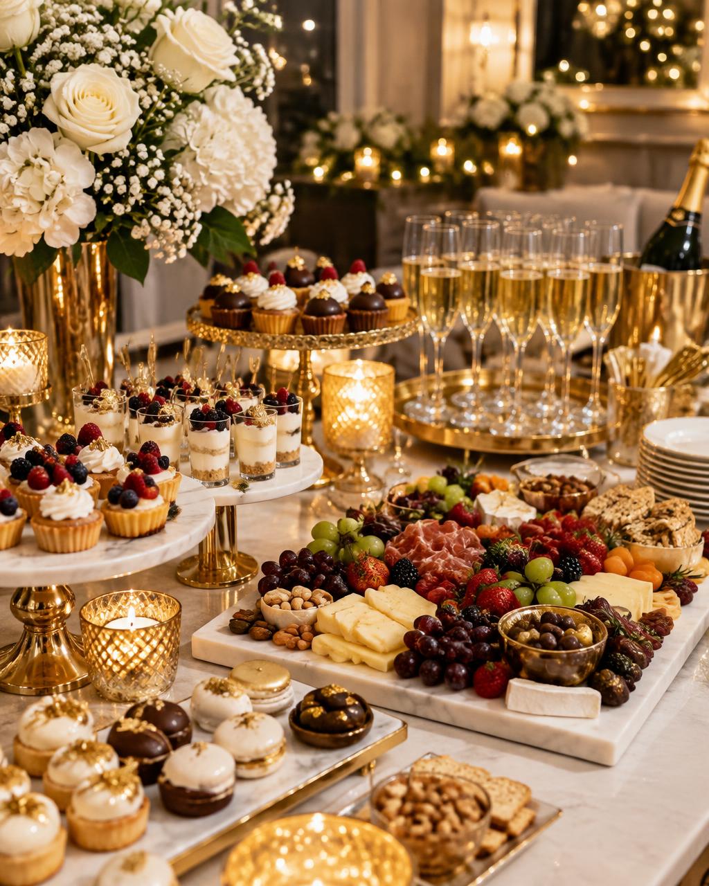 Dessert and grazing table with champagne flutes and gold accents
