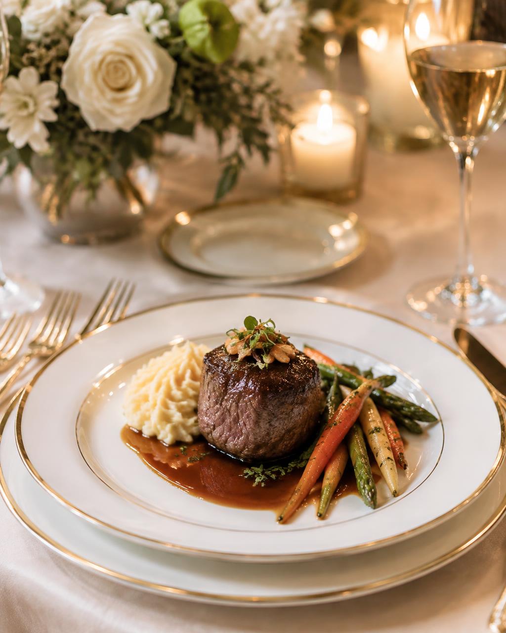 Plated filet with vegetables on gold-rimmed china at a wedding table